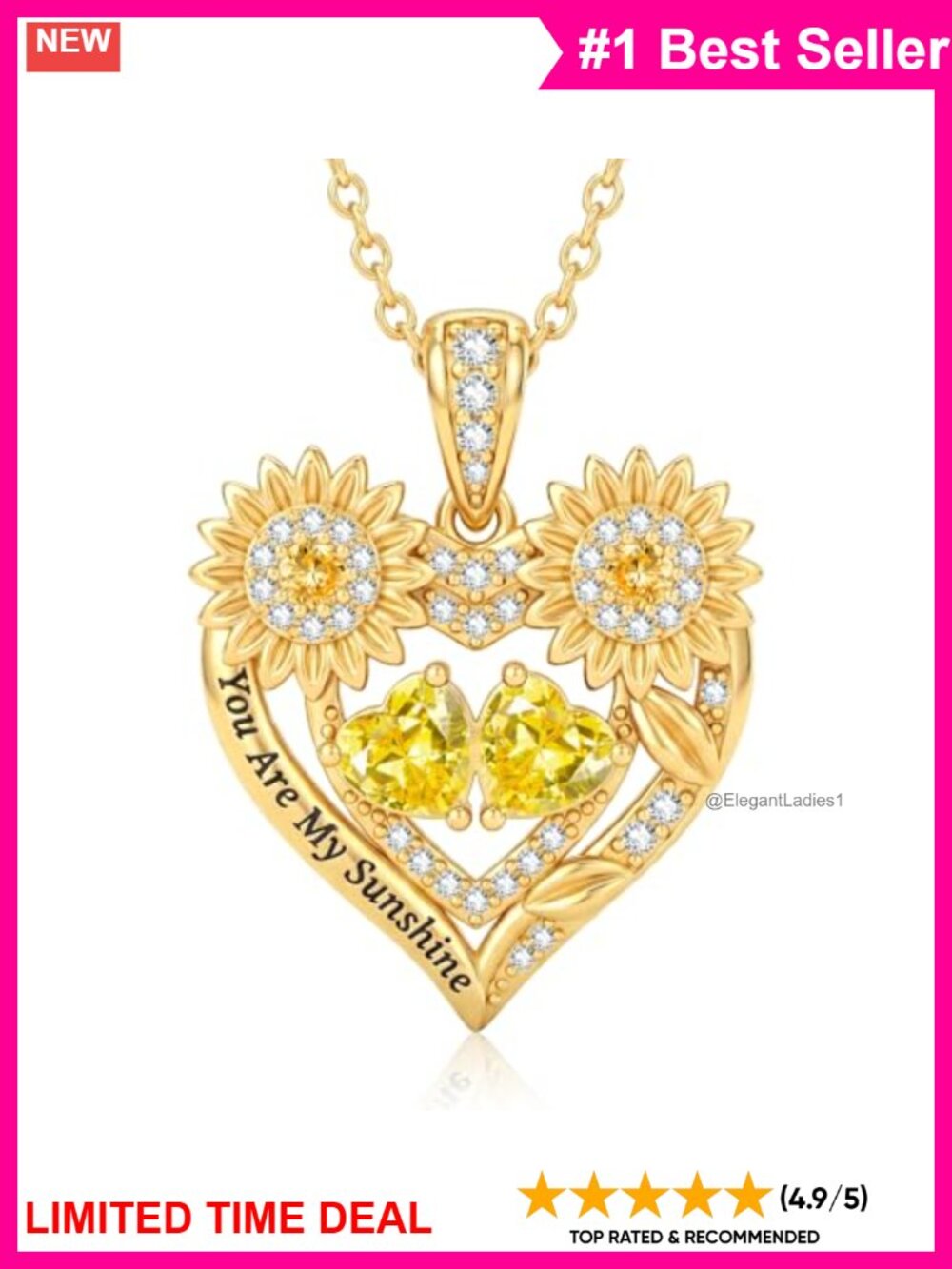 14K Gold Plated Sunflower Heart Pendant Necklace Double Birthstone